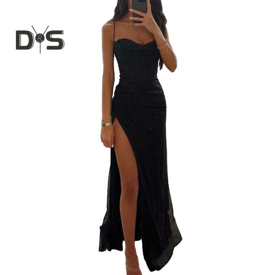 Abendkleid für Damen, Spaghettiträger, glänzende Pailletten, ärmellos, schulterfrei, tiefer Schnitt, hoher Schlitz, lockere hohe Taille, bodenlang, Ballkleid für Damen L schwarz