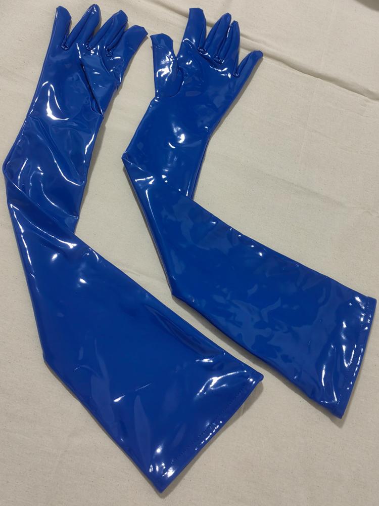 S-XXL Anti-Rutsch Nasse Optik PVC Lange Handschuhe Glänzendes PU-Leder Handschuhe Cosplay Performance Fäustlinge Eldiven Fäustlinge Handschuhe Handschuh EM blue
