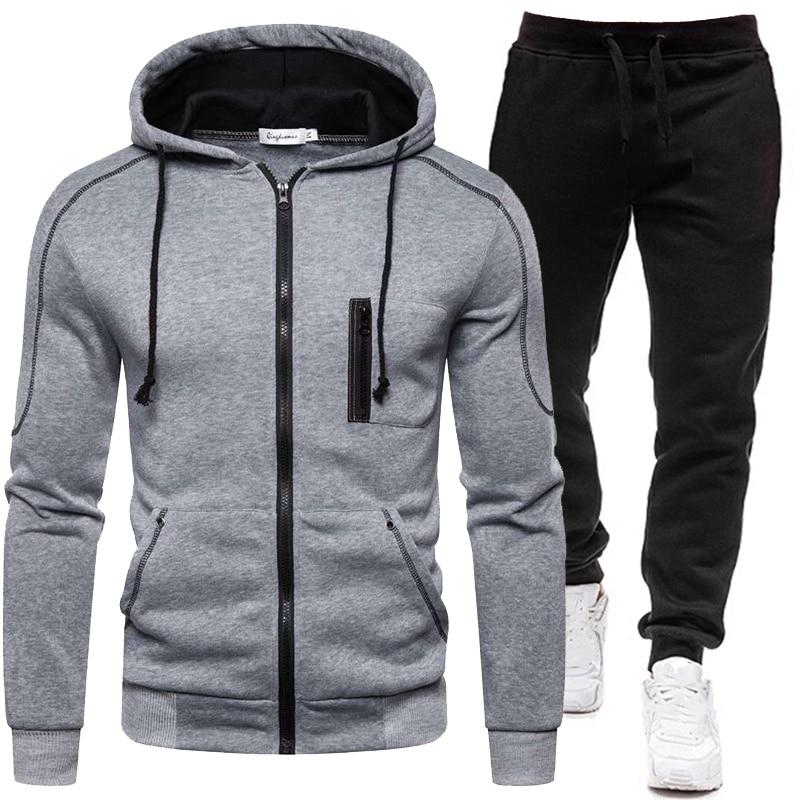 Herbst Winter Herren Trainingsanzüge Mäntel und Hosen Zweiteiliges Set Casual Streetwear Jacken Outdoor Jogginganzüge für Männer 2XL grau