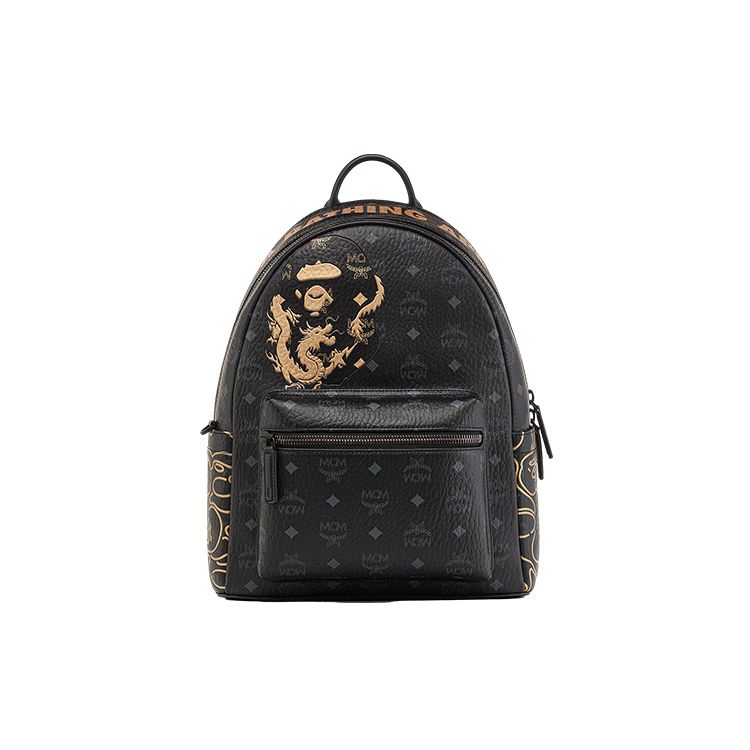 MCM X Bape Stark Lny Visetos Klassisches Monogramm Drachenmuster Leder Rucksack Unisex Rucksack Schwarz MMKESVE05BK001 Basic Set (Bag+Dust Bag)