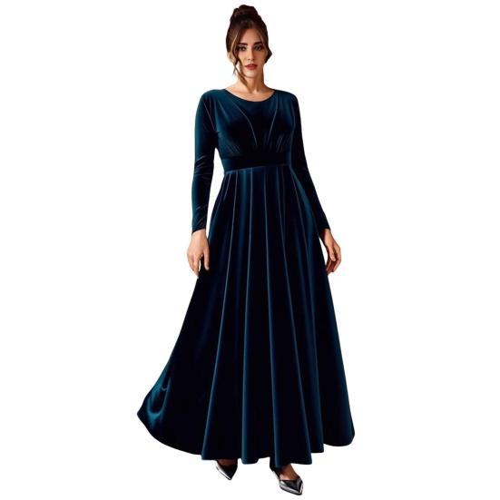 Damen Samt Maxi Kleid Lässig Rundhals Langarm A-Linien Swing Kleid Herbst Cocktailparty Formelles Kleid für Hochzeitsgast L dunkelblaue