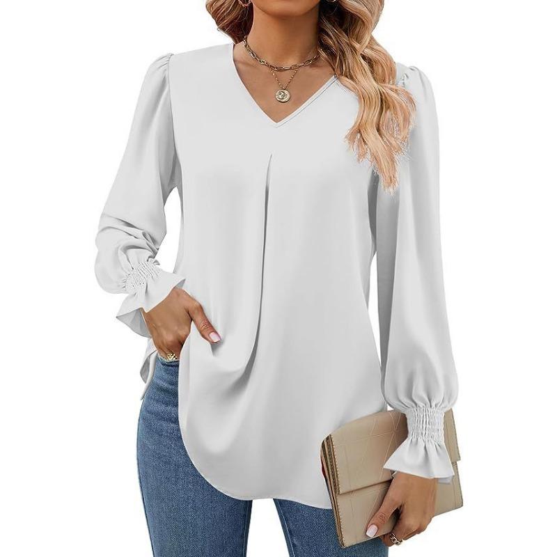 Damen Einfarbig Chiffon Pullover V-Ausschnitt Pullover Ausgestellt Langarm Bluse Bluse XXL weiß