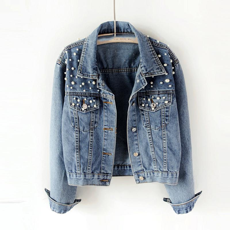 Damen Kurze Jeansjacke Perlen Perlenjacke Lose Frühling Herbst Jeansjacke XXXXL blau