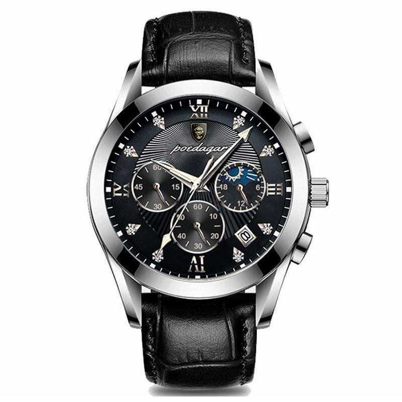 Männer Uhr Neue Top Marke Luxus Wasserdicht Leucht Sport Armbanduhr Edelstahl Quarz Militär Echtes Leder Männliche Uhr silber/schwarz