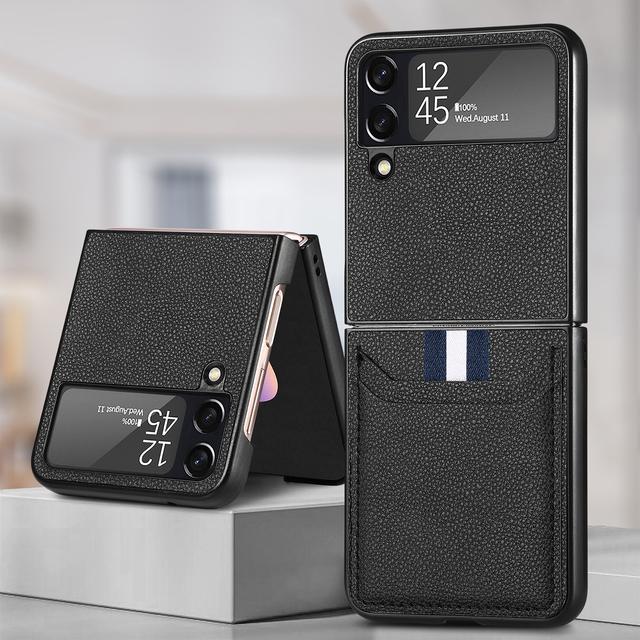 Leichte Lederhülle für Handyzubehör für Samsung Galaxy Z Flip4 Flip 4 Flip3 5g Flip 3 Zflip4, kratzfeste Tasche mit Kartenfächern for Samsung Z Flip 4 schwarz