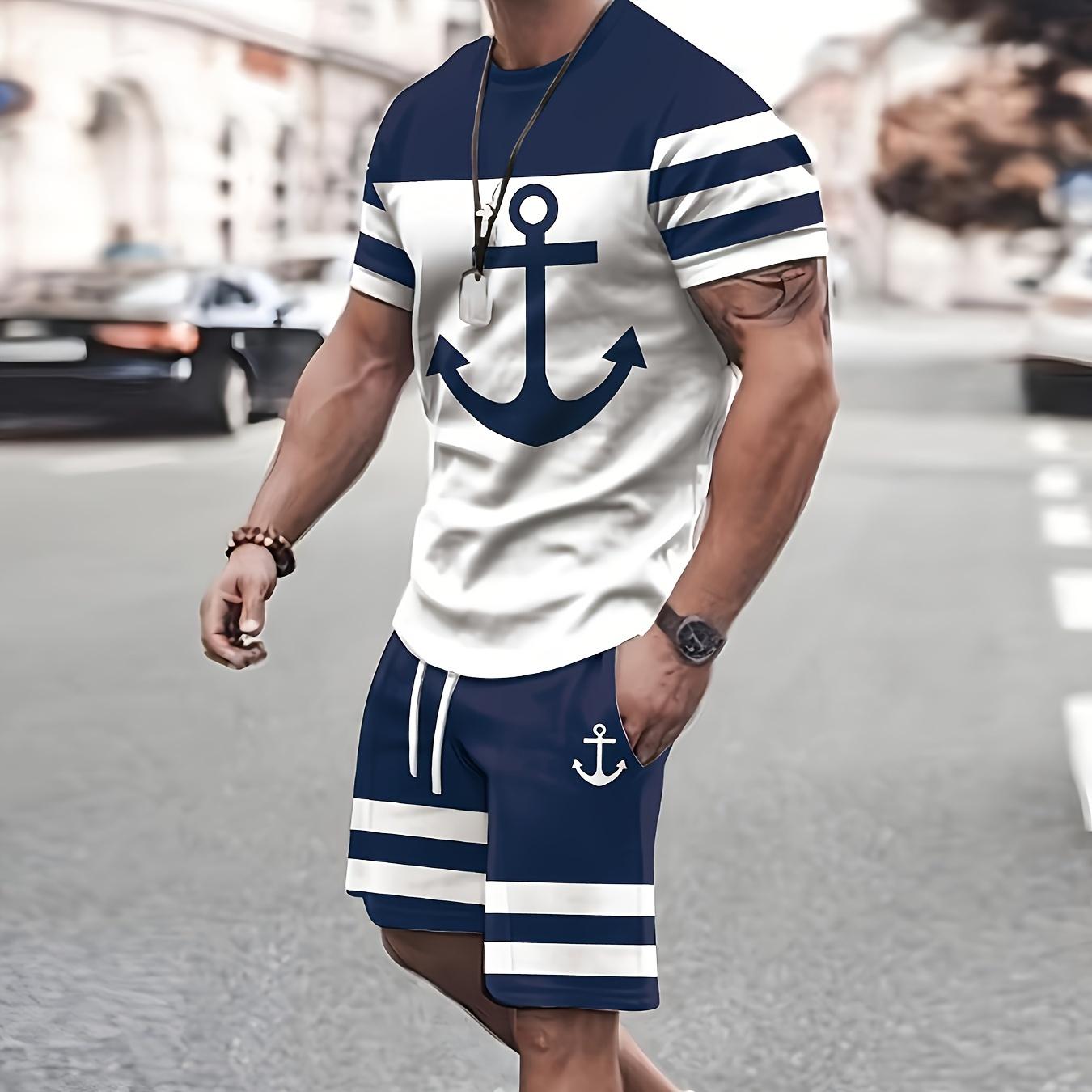 2-teiliges Sommer-Urlaubs-Outfit-Set für Herren mit Ankermuster, kurzärmliges T-Shirt mit Farbblock-Design für Herren und lässiges Shorts-Set mit Taschen S