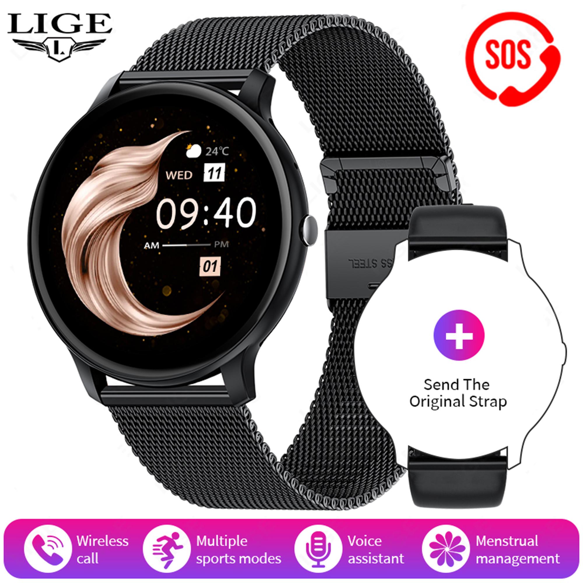 LIGE Smartwatch, Bluetooth-Anruf, Sprachassistent, wasserdichte Smartwatch, Outdoor-Übungen, Fitness-Armband, geeignet für Android IOS mesh belt schwarz