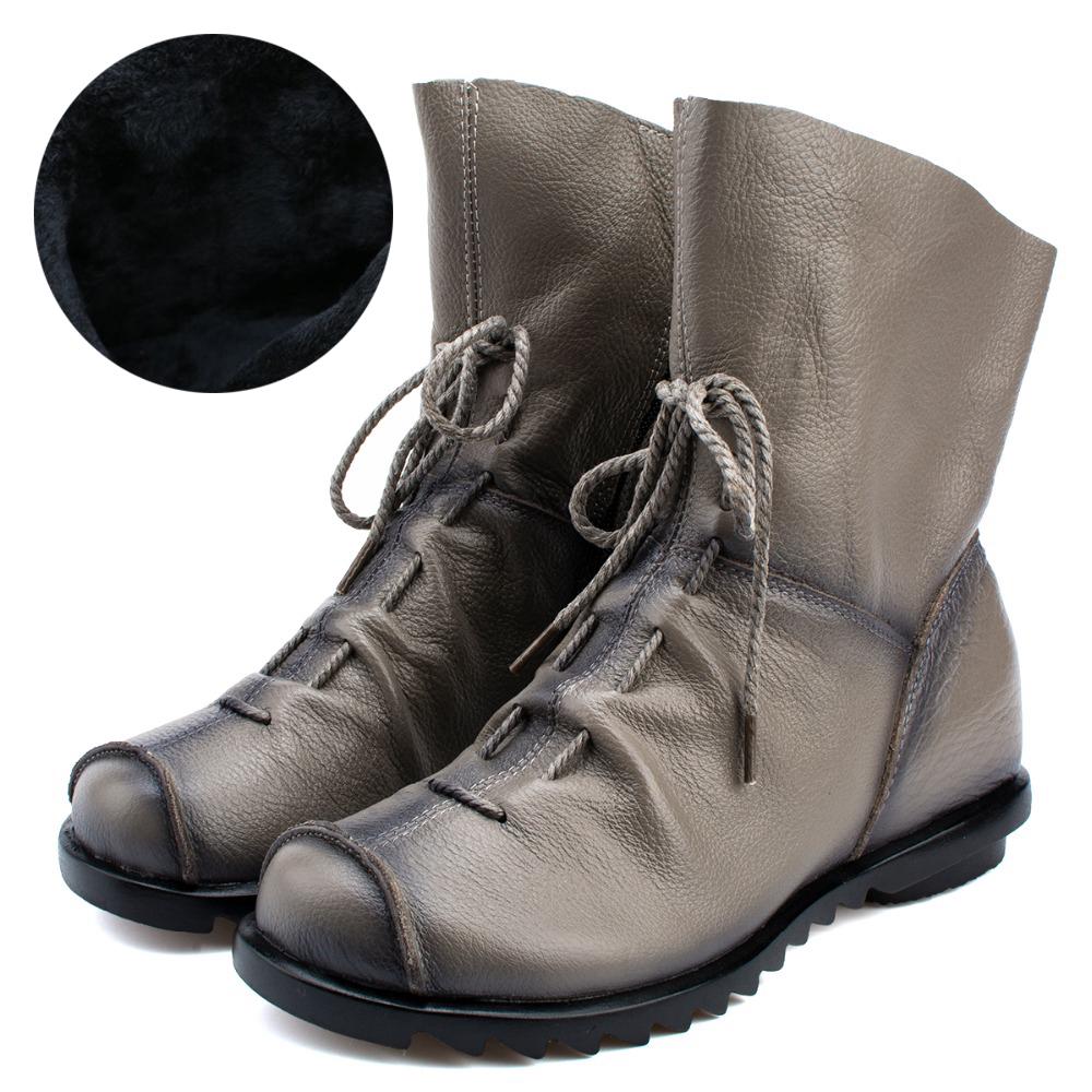 Echtes Leder Damen Stiefel mit Fell Weiches Rindsleder Damen Winterschuhe Stiefeletten 40 grau