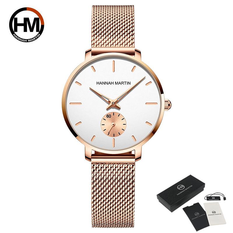 Hannah Martin Kleine Sekunde Zifferblatt Quarzwerk Mode Uhr Wasserdicht Einfache Frauen Gold Mesh Gürtel Top Marke Damen Uhren weiß