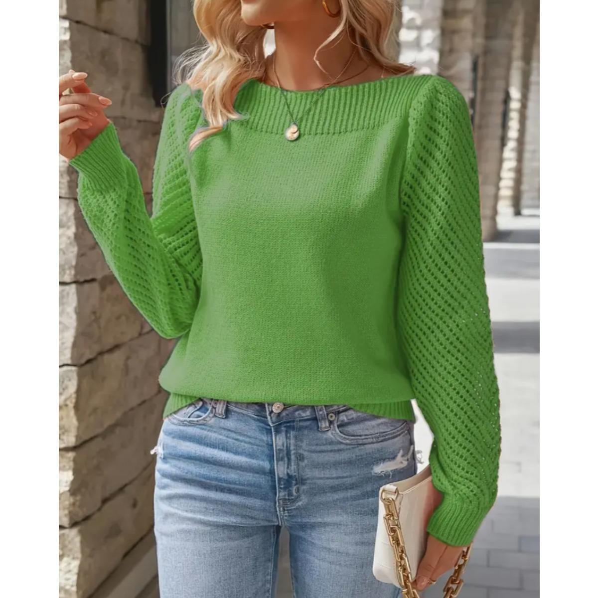 Pullover Damen Frühling und Herbst Einfarbig Aushöhlen Langärmlig Ein Schulter Freipullover Gestrickter Pullover Top M grün