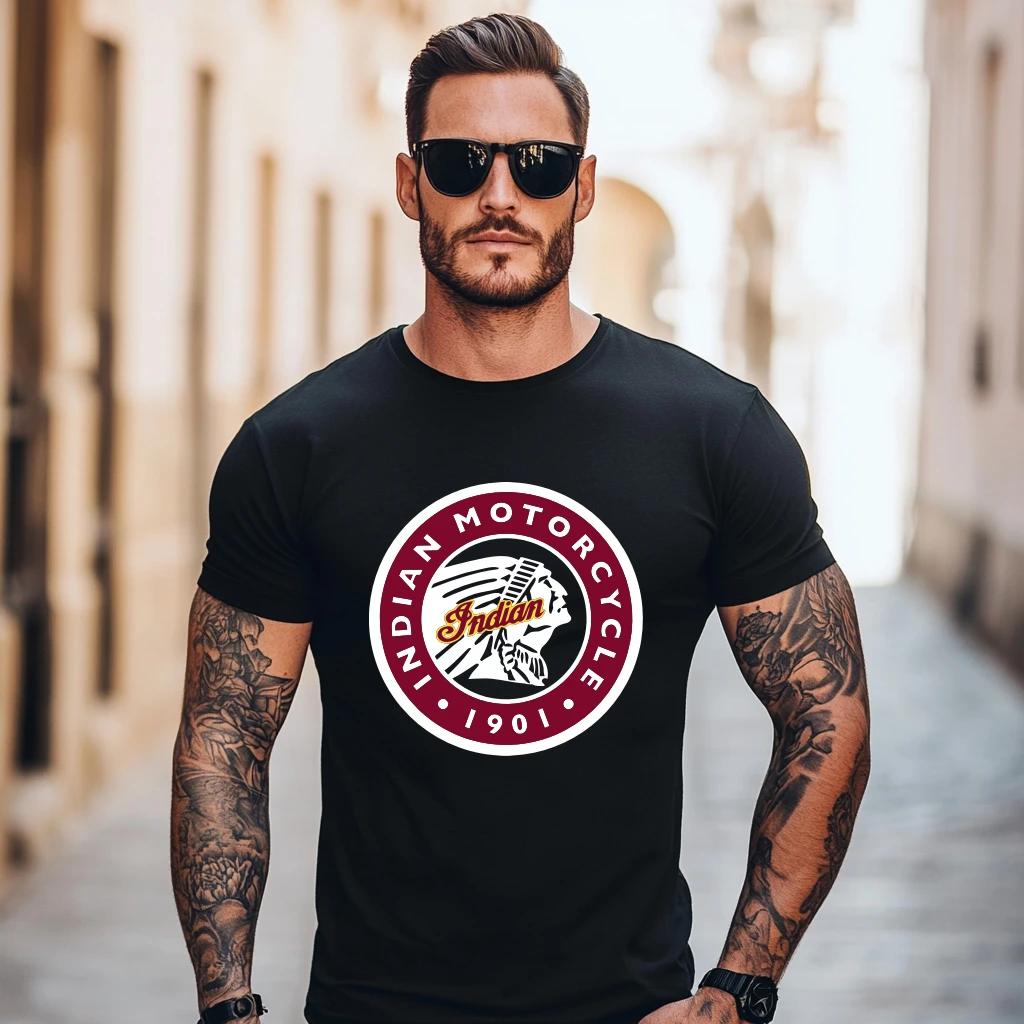 2026 Herren T-Shirt Lässig Indianer Motorrad T-Shirt Grafik Oversized Motorrad Biker Cafe Racer Chopper Vintage Streetwear T-Shirts L schwarz