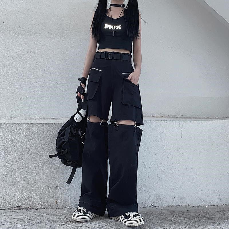 Gothic Damen Oversize-lose Cargohose mit Kette, koreanische Streetwear, aushöhlen, Hiphop-Grunge-Hose, Punk, gerade Hose mit weiten Beintaschen M schwarz