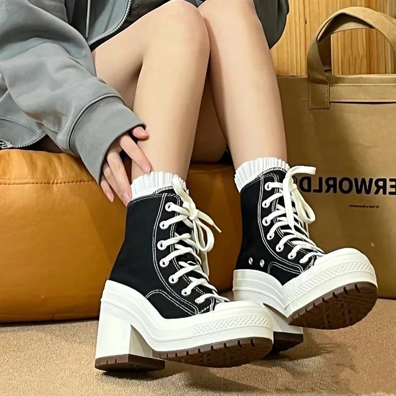 Neue Canvas-Schuhe Damen Retro High Heels Dicke Absätze High Top Runde Zehenpartie Dünner Riemen Wasserdichte Plateau-Schuhe mit Erhöhung 41 schwarz