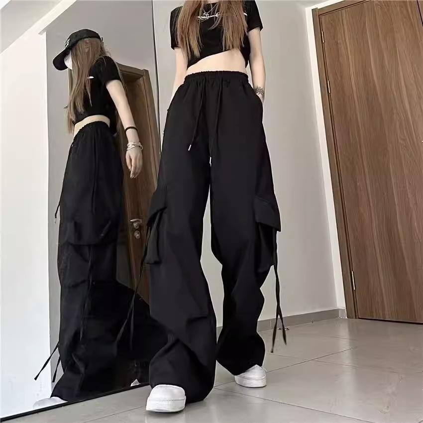 Beige Hip Hop Cargo Hosen Frauen Harajuku Y2K Vintage Baggy Streetwear Oversize Breite Bein Fallschirm Hosen Weibliche Koreanische Mode S schwarz