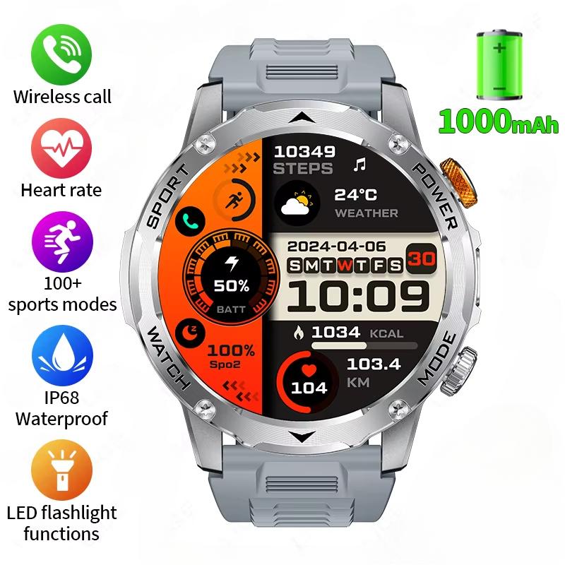 2025 Neue 1000mAh Super-Kapazitäts-Batterie Herren Smartwatch 1,7-Zoll Großbildschirm Bluetooth-Anruf IP68 Wasserdicht Smartwatch Sport Silicone Tape silber
