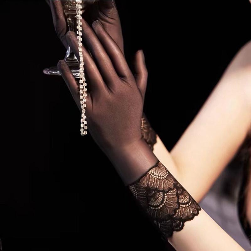 Damenöl Glänzend Eng Anliegend Strumpfhose Handschuhe Sexy Hoch Elastisch Transparent Ultra-Dünn Clubwear Kurze Handgelenk Handschuhe black lace trim