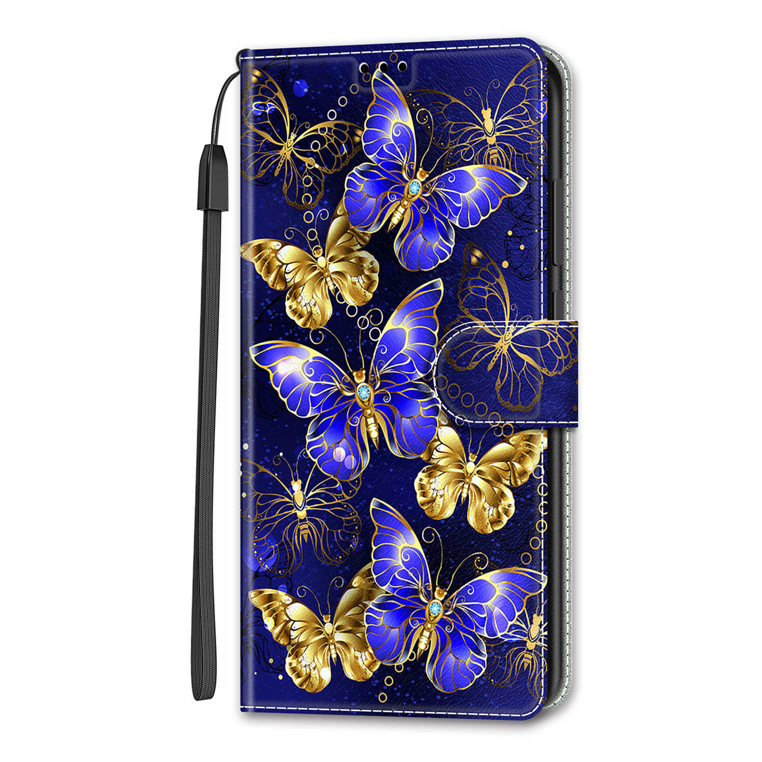 Goldene Schmetterling PU Leder Brieftasche Flip Fotorahmen Buchhülle für iPhone Samsung Huawei Honor Xiaomi Redmi Oppo Sony Motorola Nokia Google Huawei P30 Lite blau