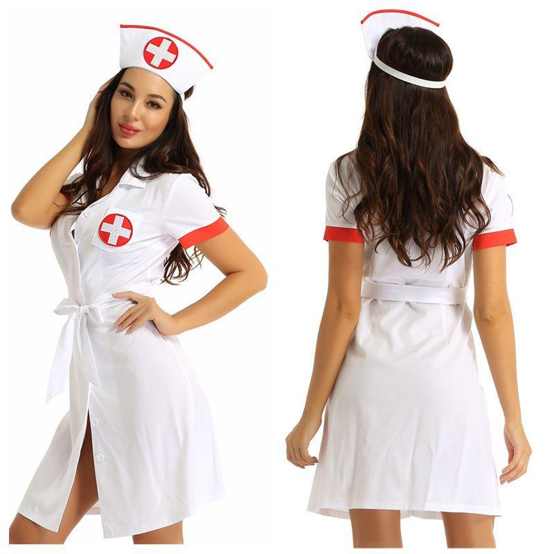 3 Teile/satz Krankenschwester Cosplay Kostüm Kostüm Outfit Rollenspiel Uniform Set für Karneval Halloween 4XL weiß