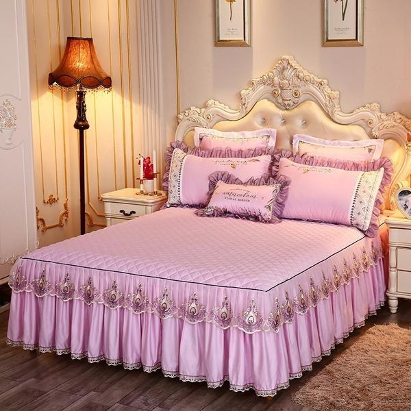 Bettwäsche-Sets Textil Prinzessin Spitze gesteppte Bettdecke Tagesdecke Polyester-Baumwolle Luxus-Bettdecke Röcke Tagesdecke Polyester-Baumwolle Skirt sheet 180x200cm rosa