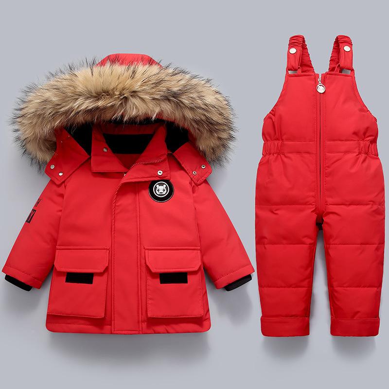 Kinder Kleidung Set 2 stücke Baby Winter Warme Daunen Jacken Jungen Verdicken Overall Infant Overalls Baby Mädchen Kleidung Kinder Schneeanzug 90(18-24M) rot