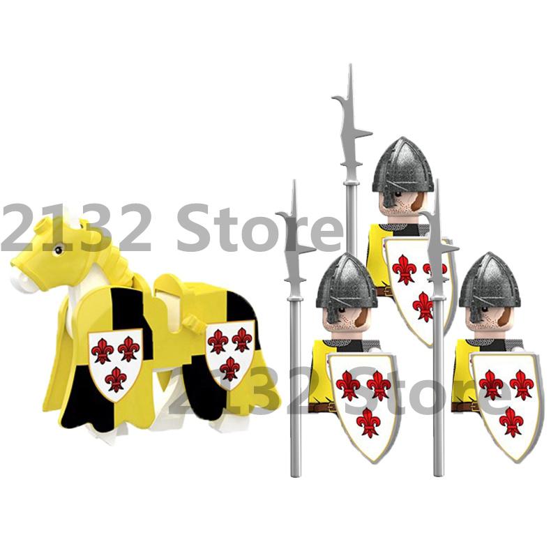 Mittelalterliche Burg MOC Bausteine Wolfskrieger Soldatenfigur Kreuzritter Ritter Pferd Fahne Westen Schild Waffe Spielzeug Geschenke T022 mandel