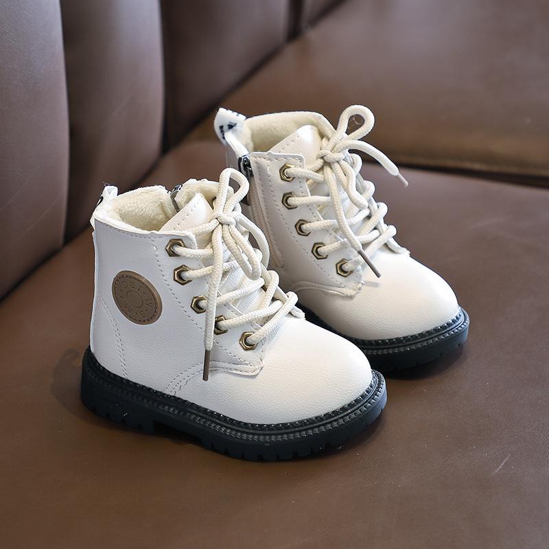 Winter Kinder Stiefel Jungen Mädchen Leder Martin Stiefel Plüsch Mode Wasserdicht Nicht-rutsch Warme Kinder Stiefel Schuhe 24 weiß