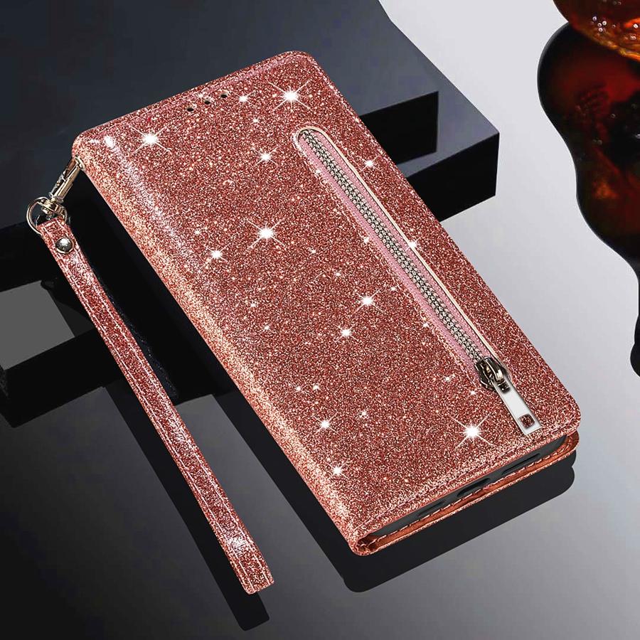 Brieftasche Glitzer mit Kartenfächern Flip Ledertasche für Samsung Galaxy Xiaomi Redmi iPhone Huawei Honor Google One Plus LG Hülle Huawei P30 Lite rose gold