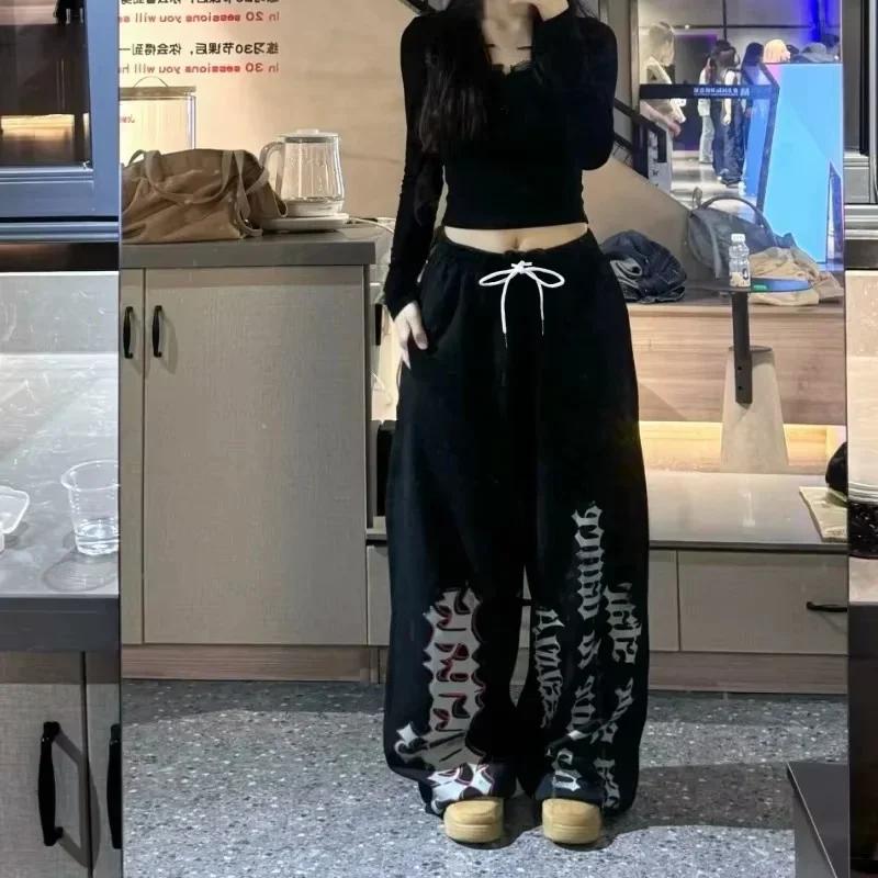 Retro Y2K Damen Weite Sporthosen Lässige Street Dance Baggy Jogginghosen Schweißhosen Trendiges Print Buchstaben Design Vielseitig 3XL schwarz