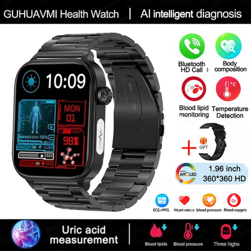 2025 Neue EKG+PPG Blutfett Harnsäure Gesundheits-Smartwatch Herren Herzfrequenz Blutdruck Bluetooth Anruf Smartwatch Damen Black-Steel