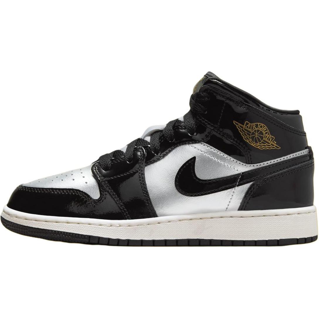 Air Jordan 1 Mid SE GS Schwarz Metallic-Silber Kinder-Sneaker Metallic-Gold Sail Pure-Platinum FZ3938-001 39