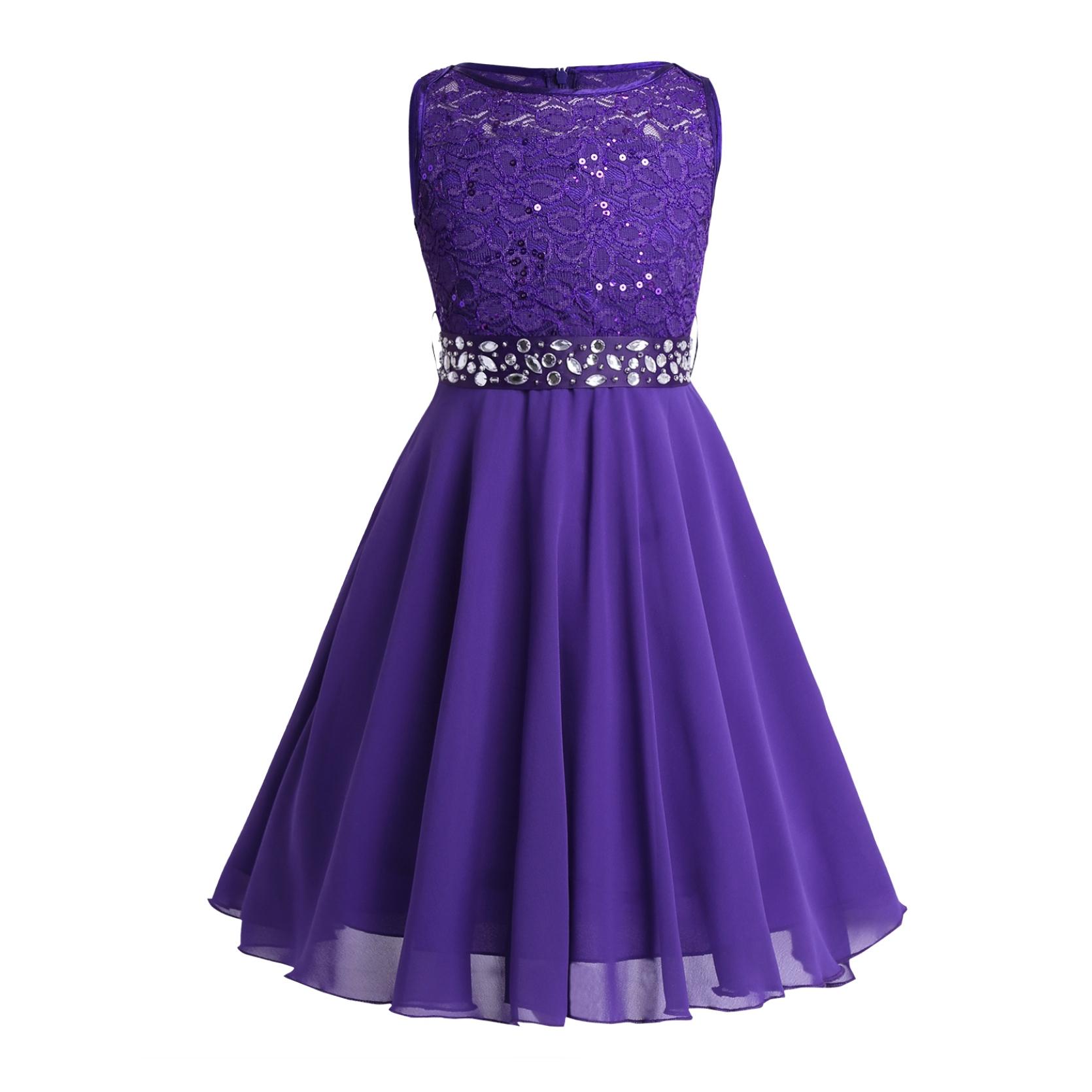 Kinder Mädchen glitzernde Pailletten Spitze Blumenmädchen Brautjungfer Hochzeit Party Kleider ärmellos Chiffon Prinzessin Festzug Ballkleid 13-14 Years violett