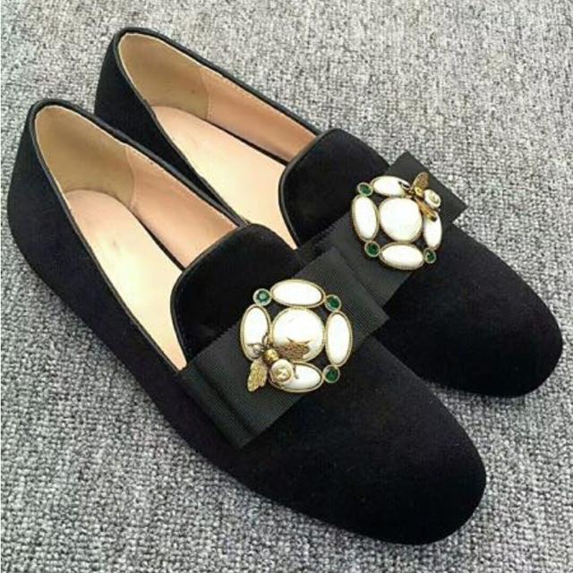 Damen Schuhe Flache Schuhe Retro Perle Slipper Loafer Schuhe Kleine Biene Flachmund Lefu Schuhe 35 schwarz