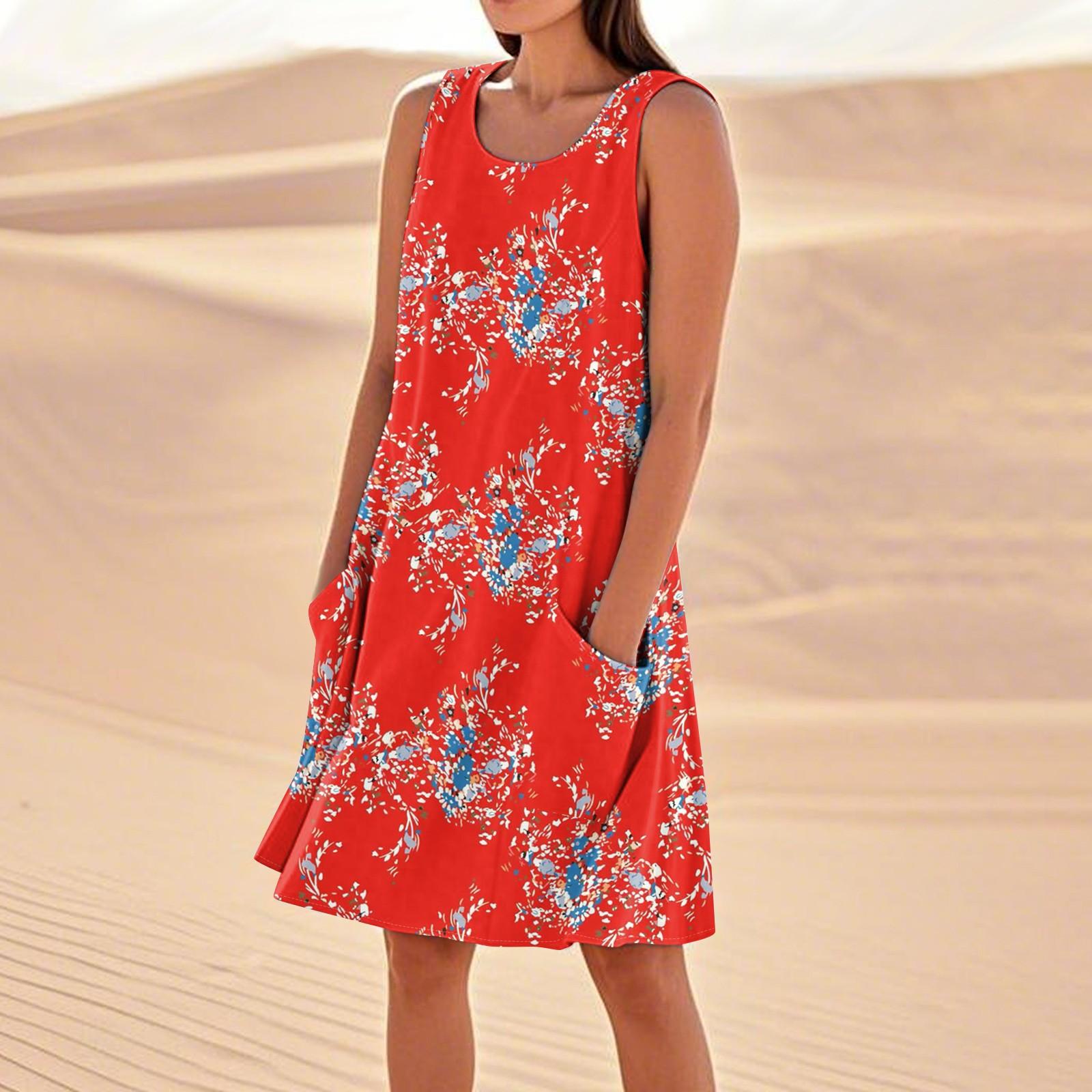 Sommerkleider für Damen, lockerer Strandurlaub, lässig, ärmellos, Sommerkleider mit Taschen, Tankkleid XL rot
