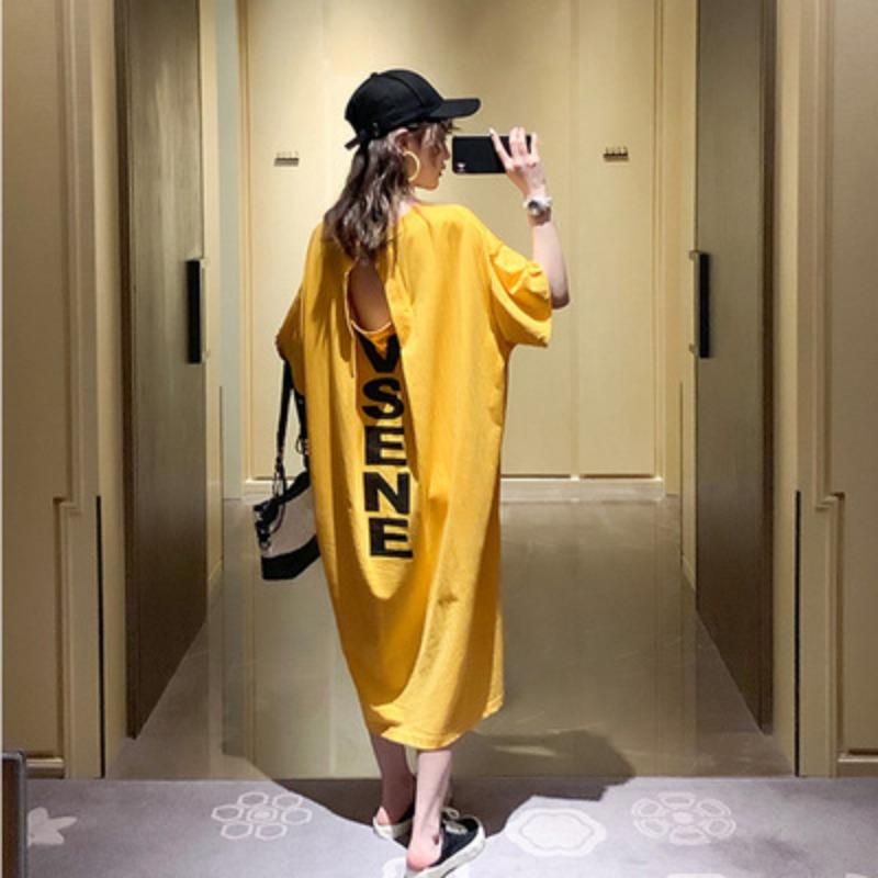 Sommerkleider in Übergröße, Damen, lang, rückenfrei, locker, lang, kurzärmlig, Umstands-T-Shirt-Kleid L gelb