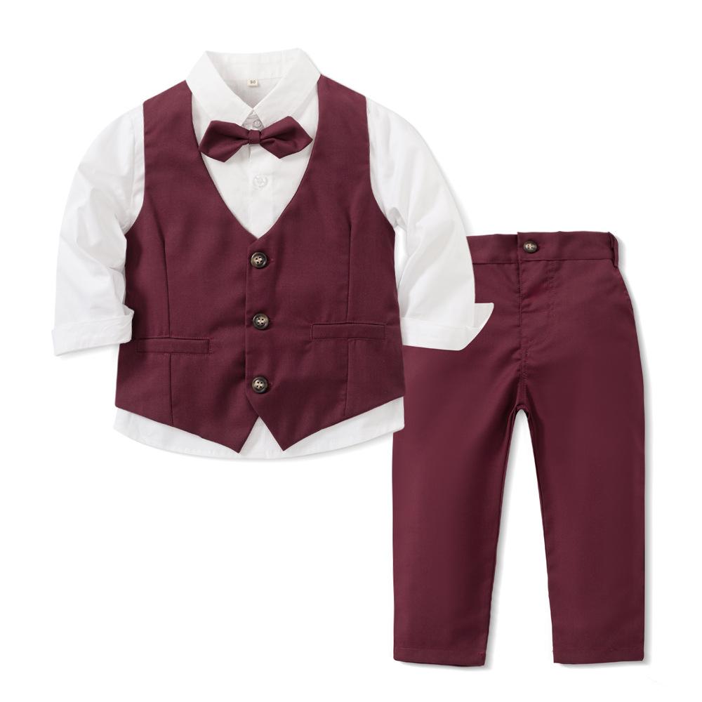 Jungen Gentleman Outfits Geburtstagskostüm Kinder Frühling Herbst Boutique Kleidung Set Solide Weste Anzug Kinder Baumwolle Formelle Kleidung 80cm wein rot