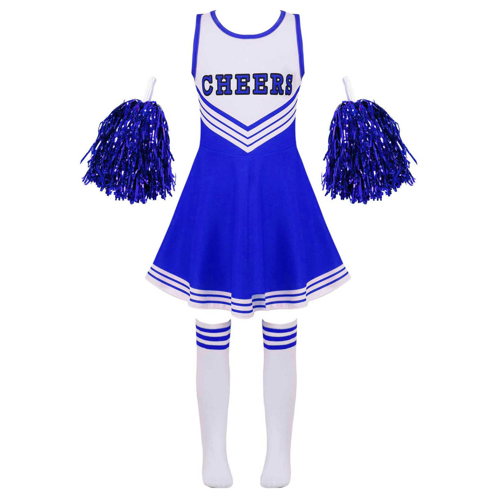 Mädchen Cheerleading Uniform Tanzkostüm Kinder Cheerleader Outfit Rundhalsausschnitt Patchwork Stil Tanzkleid Blume und Socken 3-4 Years blau