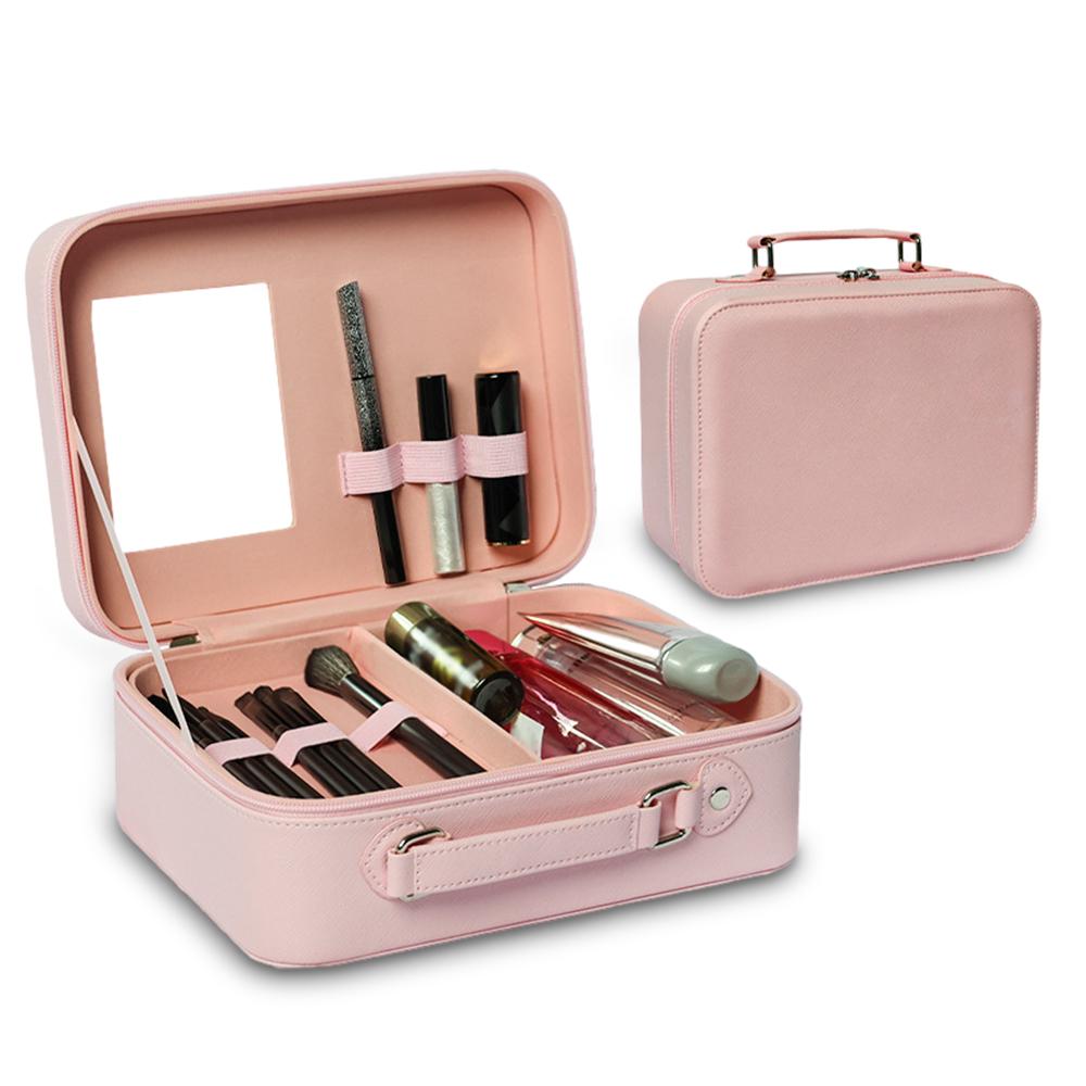 Reise-Make-up-Koffer mit Spiegel - Unterteilbarer Kosmetik-Make-up-Koffer für den Zug Wasserdichte PU-Schale rosa