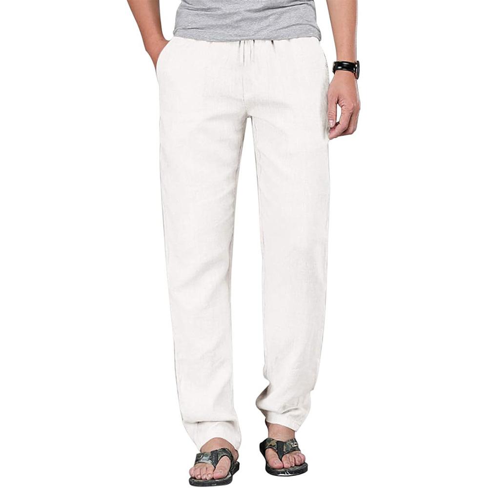 Herrenhose aus Baumwollleinen mit Kordelzug, elastische Taille, lässige Jogginghose, Yogahose, Strandhose, Baggy, lockere Jogginghose XXXL weiß
