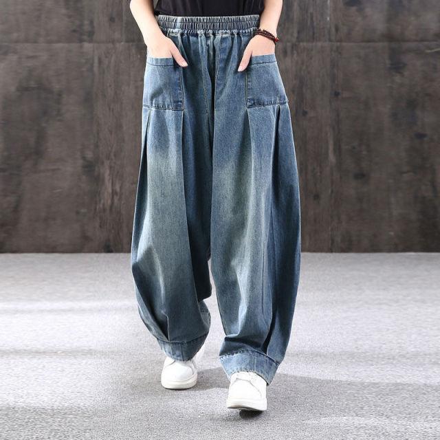 Baggy Oversize Jeans Frauen Denim Casual Kreuz Hosen Weibliche Vintage Harem Hosen Hosen Pumphose Mom Breite Bein Jeans 3XL blau