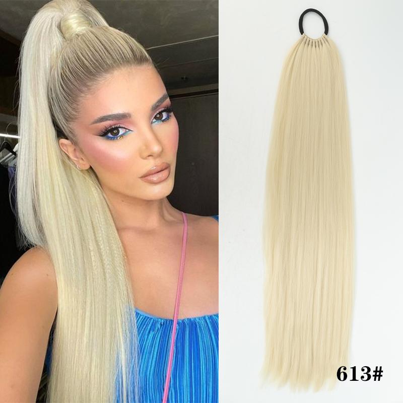 24 Zoll Yaki Straight Synthetischer Pferdeschwanz Haarteil mit Wickel-Puff Elastikband Natürlicher Look Haarverlängerung für Frauen 60CM black