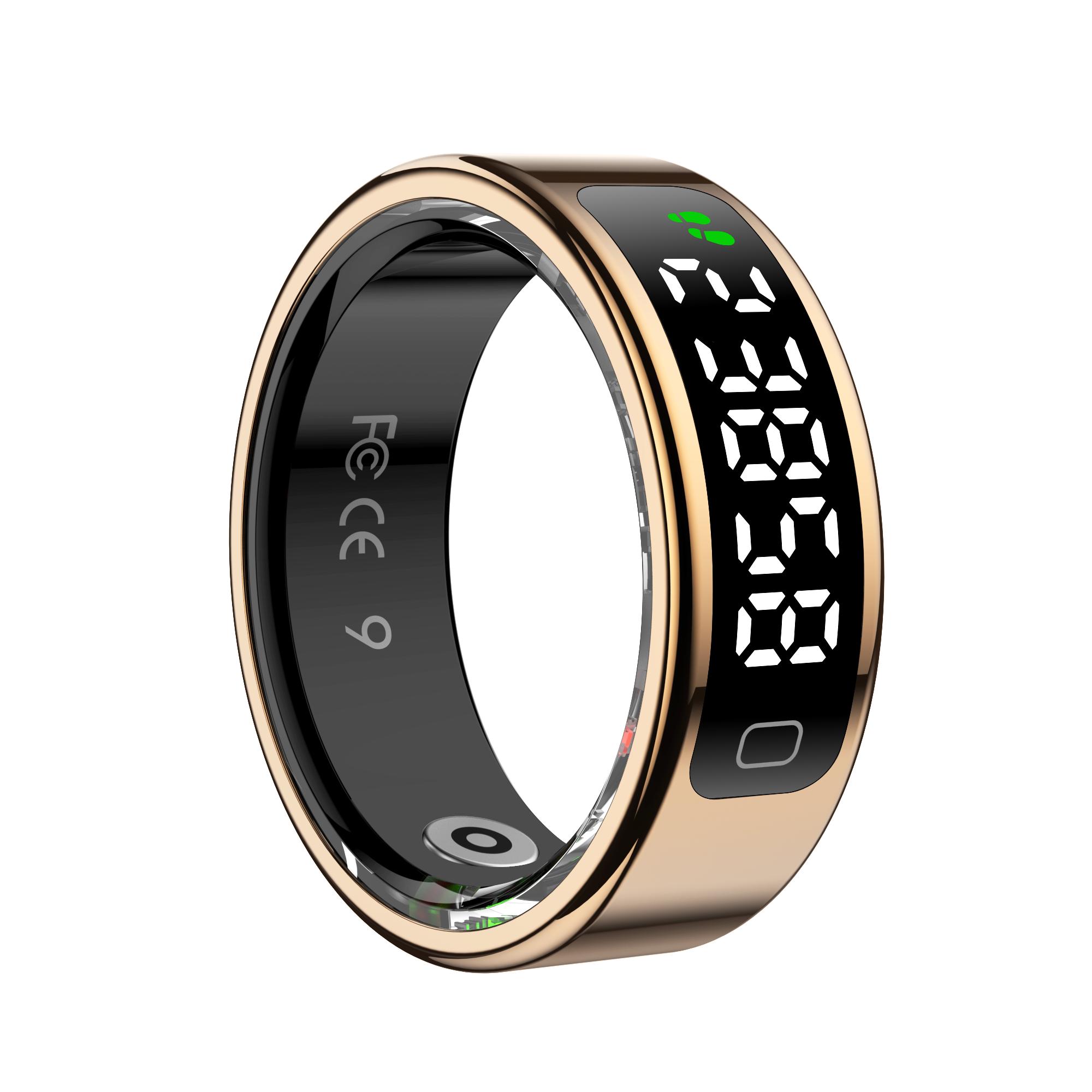 Smart Ring Herzfrequenz Blutsauerstoff Blutdruckmessung Männer Frauen Fitness Tracker Sport IP68 Wasserdicht Bluetooth Ring Size 7 (17.5mm) gold