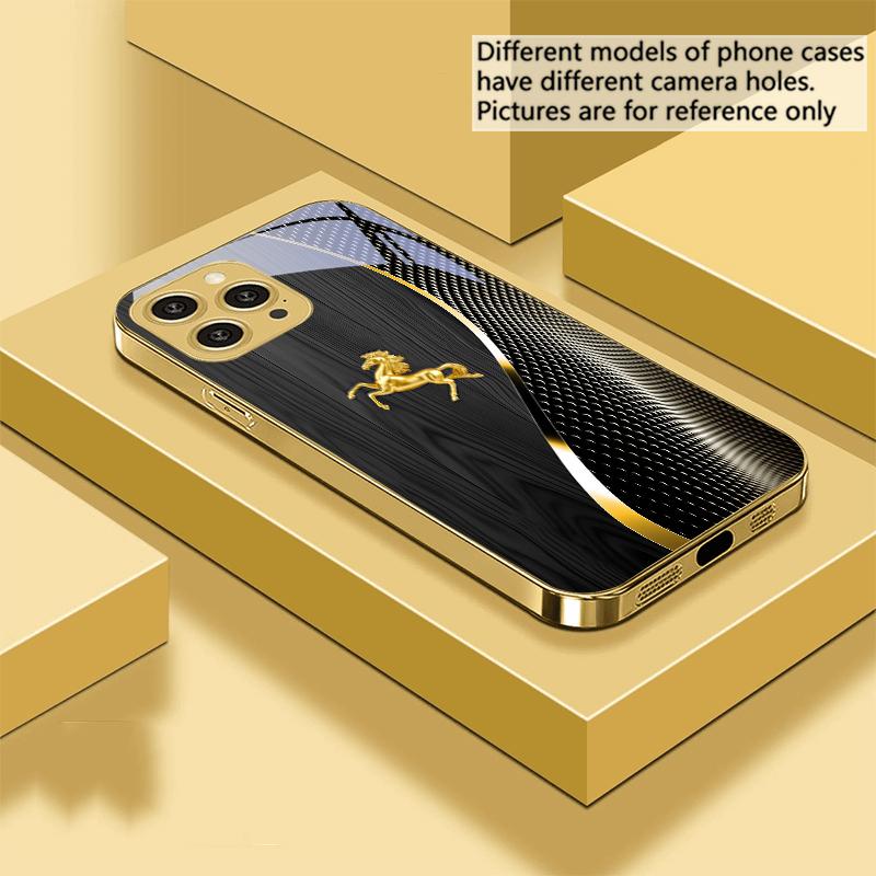 Holzmaserung Goldenes Pferd Für IPhone 16 Pro Max 15 Pro 14 13 Plus 12 Mini 11Pro Max XS Max XR Goldene gehärtete Glas Handyhülle iPhone 16 Pro