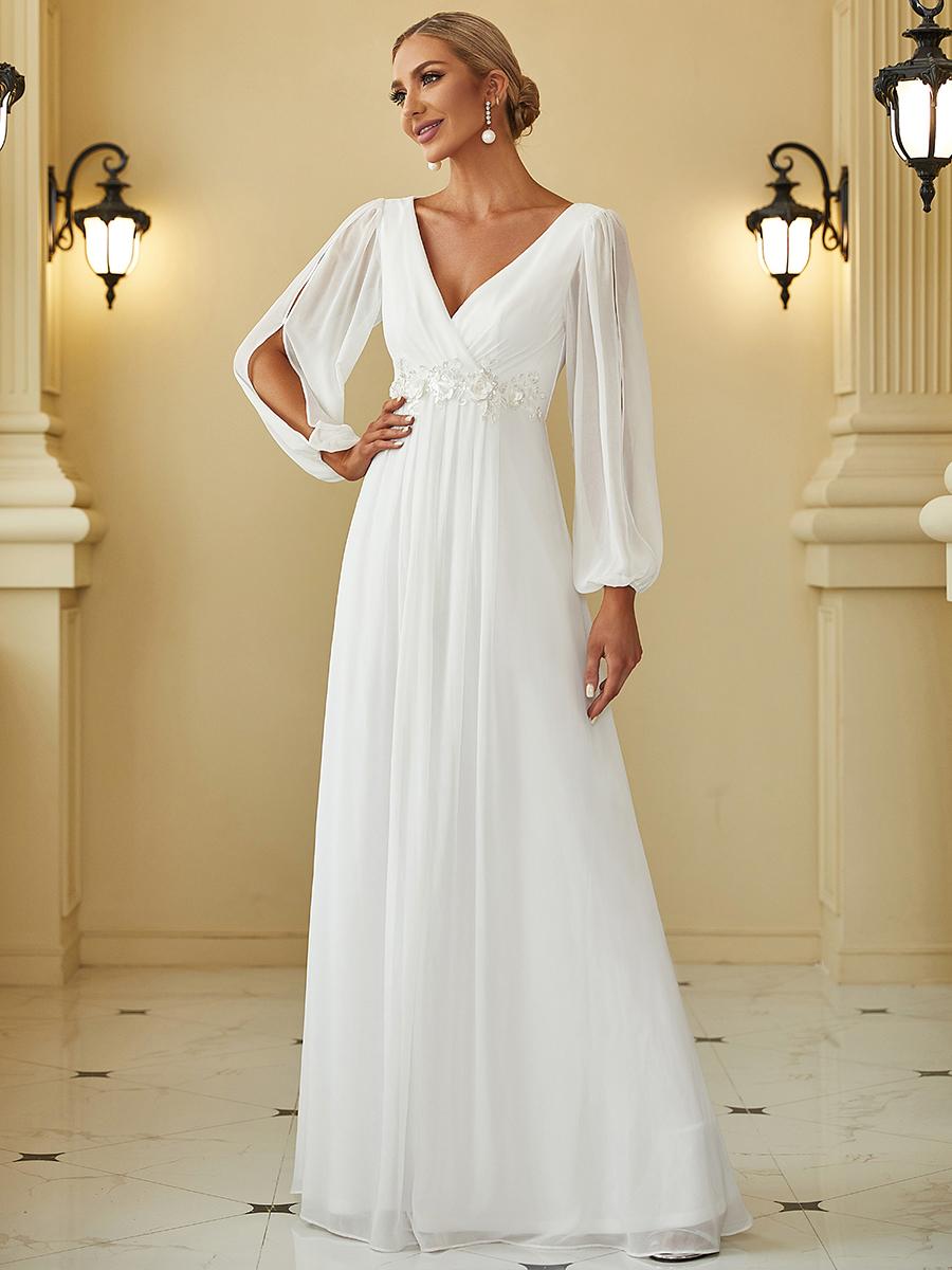 Ever-Pretty Damen Bodenlanges Abendkleid mit langen Laternenärmeln, Chiffon, tiefem V-Ausschnitt und Applikationen, Hochzeitsgastkleid 4XL creme