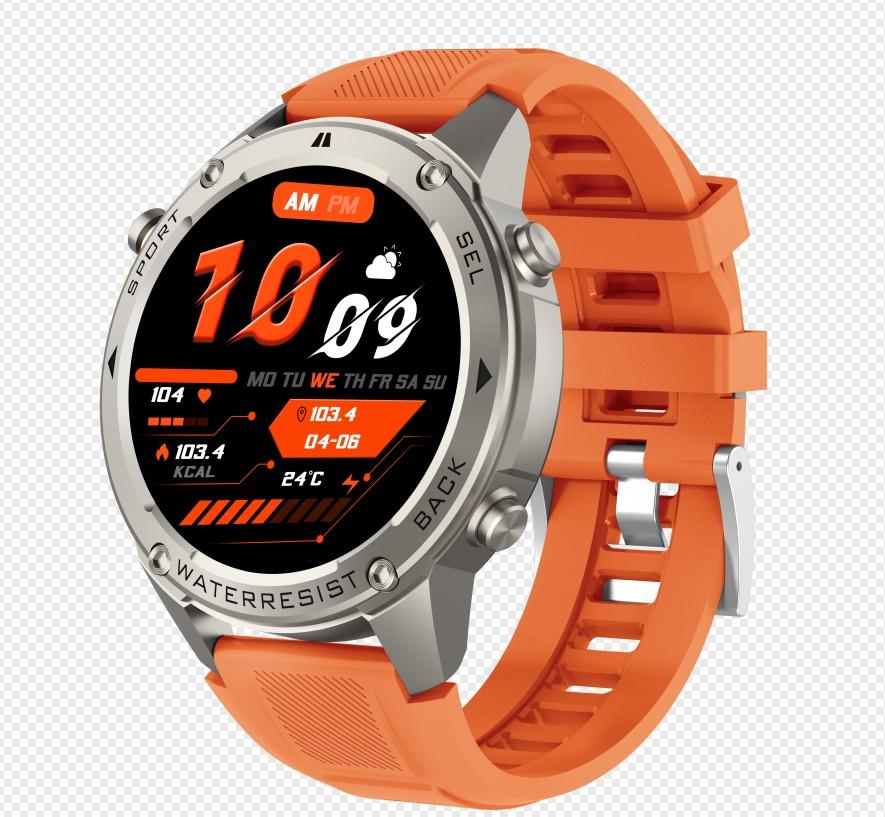 Rainbuvvy DM56 GPS-Smartwatch, 5 ATM wasserdicht, 170+ Sportmodi, 1,43 Zoll AMOLED HD-Display, BLE 5.3 Touchscreen, Smartwatch-Unterstützung, Kompass, AGPS orange