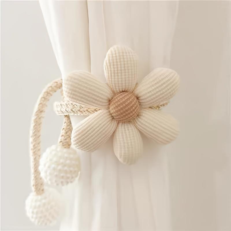 [2 Stück Blumen-Raffhalter] 2 Stück Verstellbare Blumen-Vorhang-Raffhalter | Elegant Beige & Braun Bohrfreie Schnallenbänder mit Perlenakzenten | Stilvolle Heimdekoration cream color - 2pcs