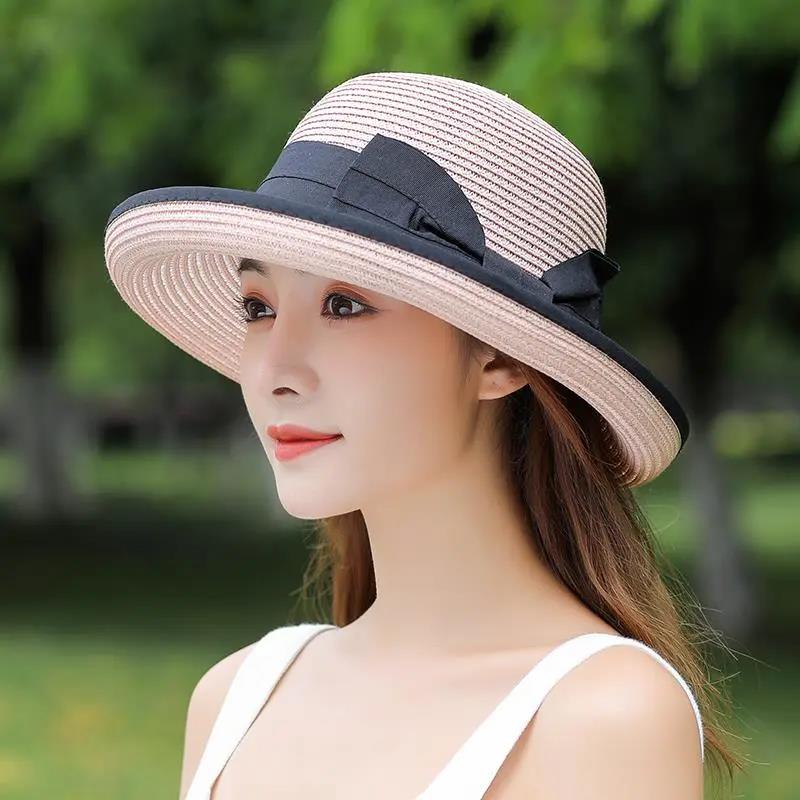 Sommer Strand Strohhut Damen Schleife Meer Großer Sonnenschirm Sonnenschirm Curling Cooler Hut one size rosa