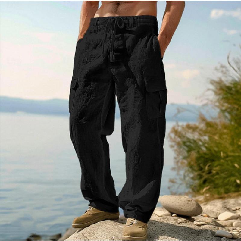 Atmungsaktive Baumwoll- und Leinen-Arbeitskleidung mit mehreren Taschen, lockere und lässige Weitbein-Hose, Herren-Freizeithose XL schwarz