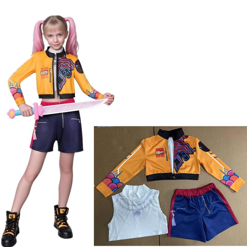 Kinder Mädchen Kpop Dämonenjäger Cosplay Rumi Zoey Mira Cosplay Kostüm Set 3D Druck Kind Bühnenauftritt Kleidung Halloween Party 140