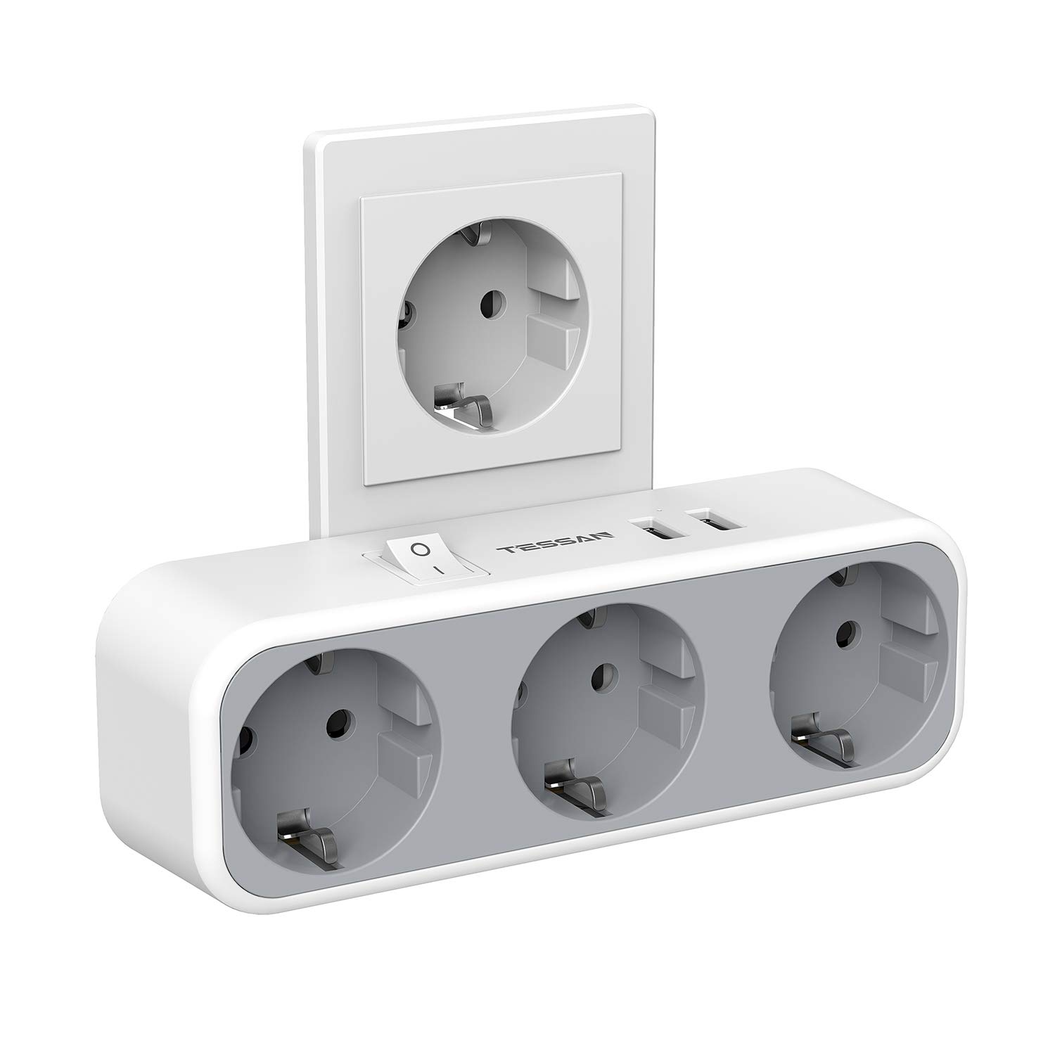 TESSAN Schwarze Mehrfachsteckdose mit 3 AC-Steckdosen und 2 USB 1 Typ C-Anschlüssen, 6-in-1-USB-Adapter mit Überlastschutz für Smartphone, Tablet 3 Outlets 2 USB A 1 Switch graue