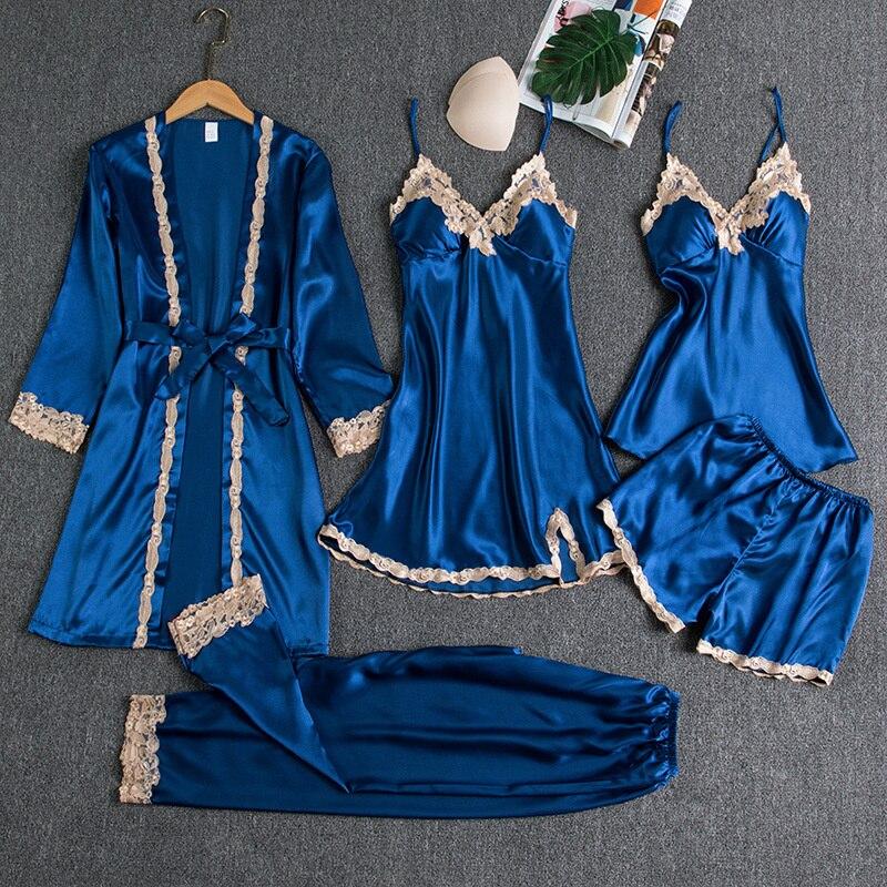 5-teiliges Damen-Pyjama-Set aus Spitze, V-Ausschnitt, Satin mit Brustpolster, Nachtwäsche, Pyjama aus Eisseide M blau